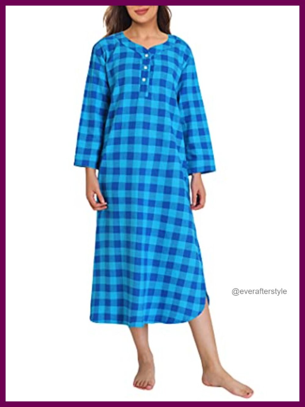 Plaid Cotton Flannel Nightgown 3/4 Sleeve Henley Midi Sleepwear